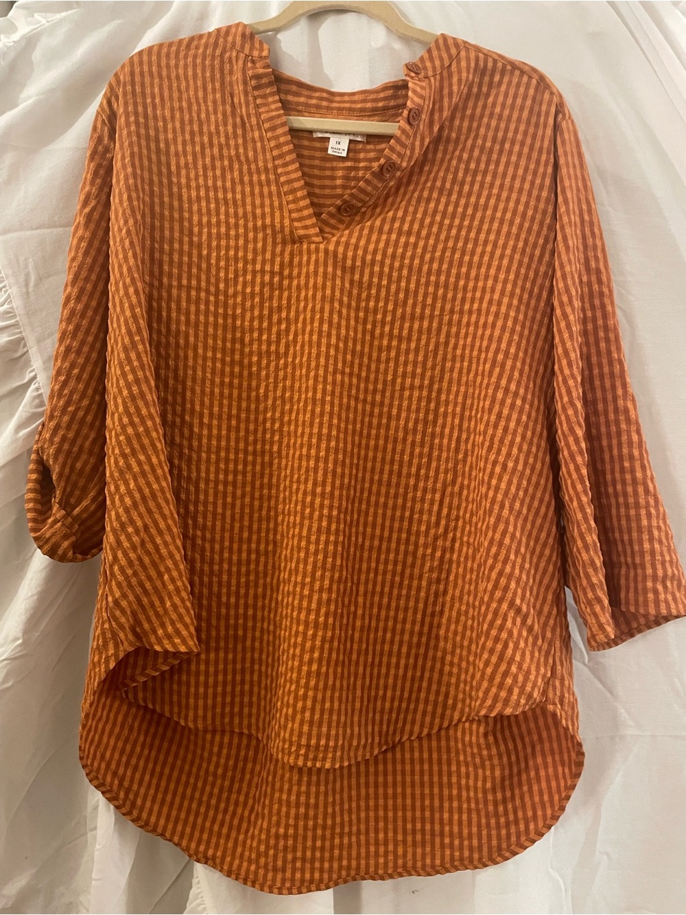 Studio Women Orange Check Pop-over Top